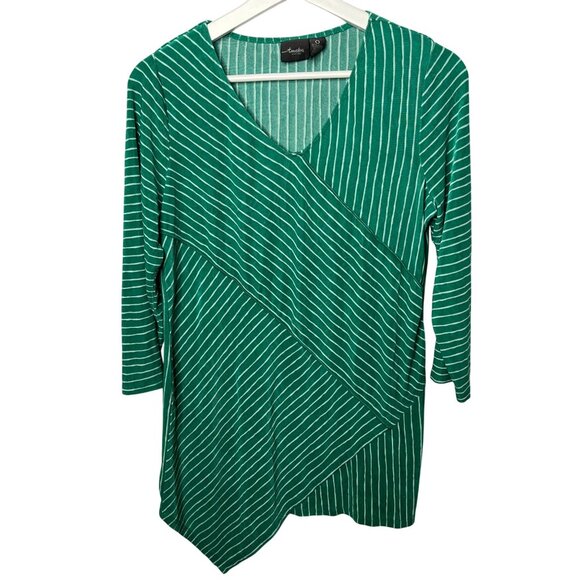 Chicos Travelers Top Womens Small 0 Shirt Blouse Green Striped Fall Work Casual - Picture 1 of 15